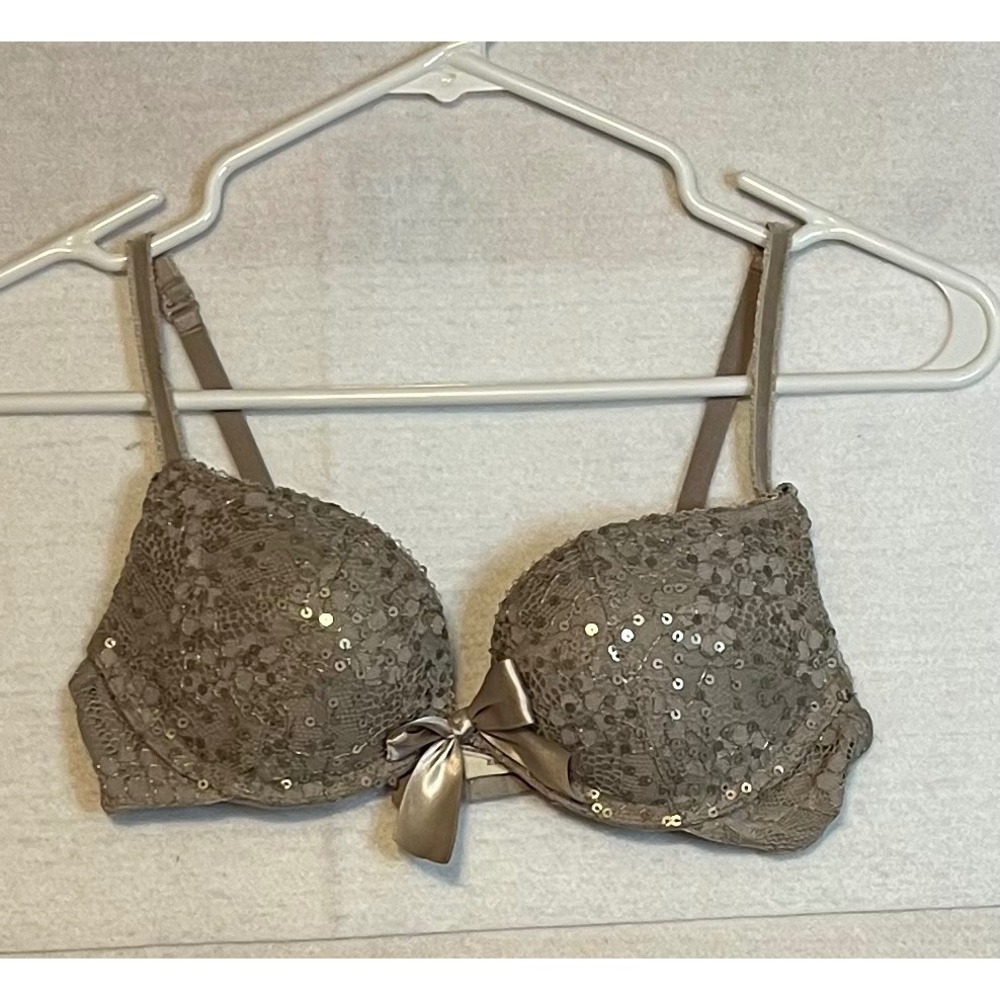 Aerie Emma Push Up Bra Size 32B Taupe Sequin Metallic Shimmer Lace Lingerie